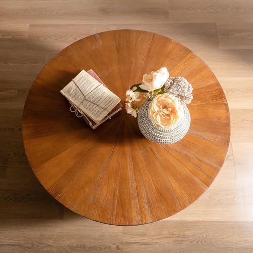 31.50" Farmhouse Wood Round Cofee Table for Living Room - Vintage Style Bucket Shaped Coffee Center Table with Storage Function