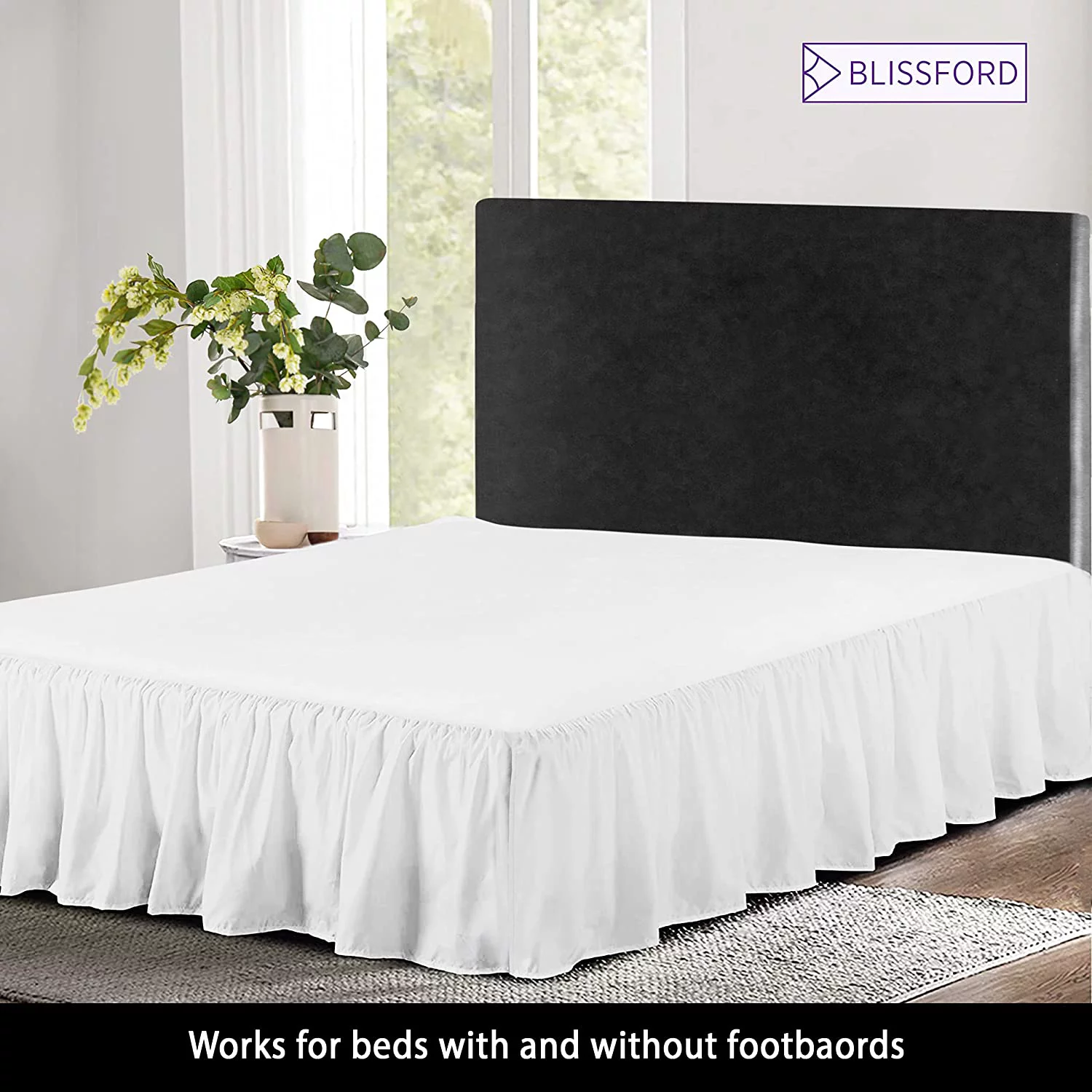 Ruffled Bed Skirt with Split Corners - Queen, White, 21" Drop Dust Ruffle- Blissford Dust Ruffle