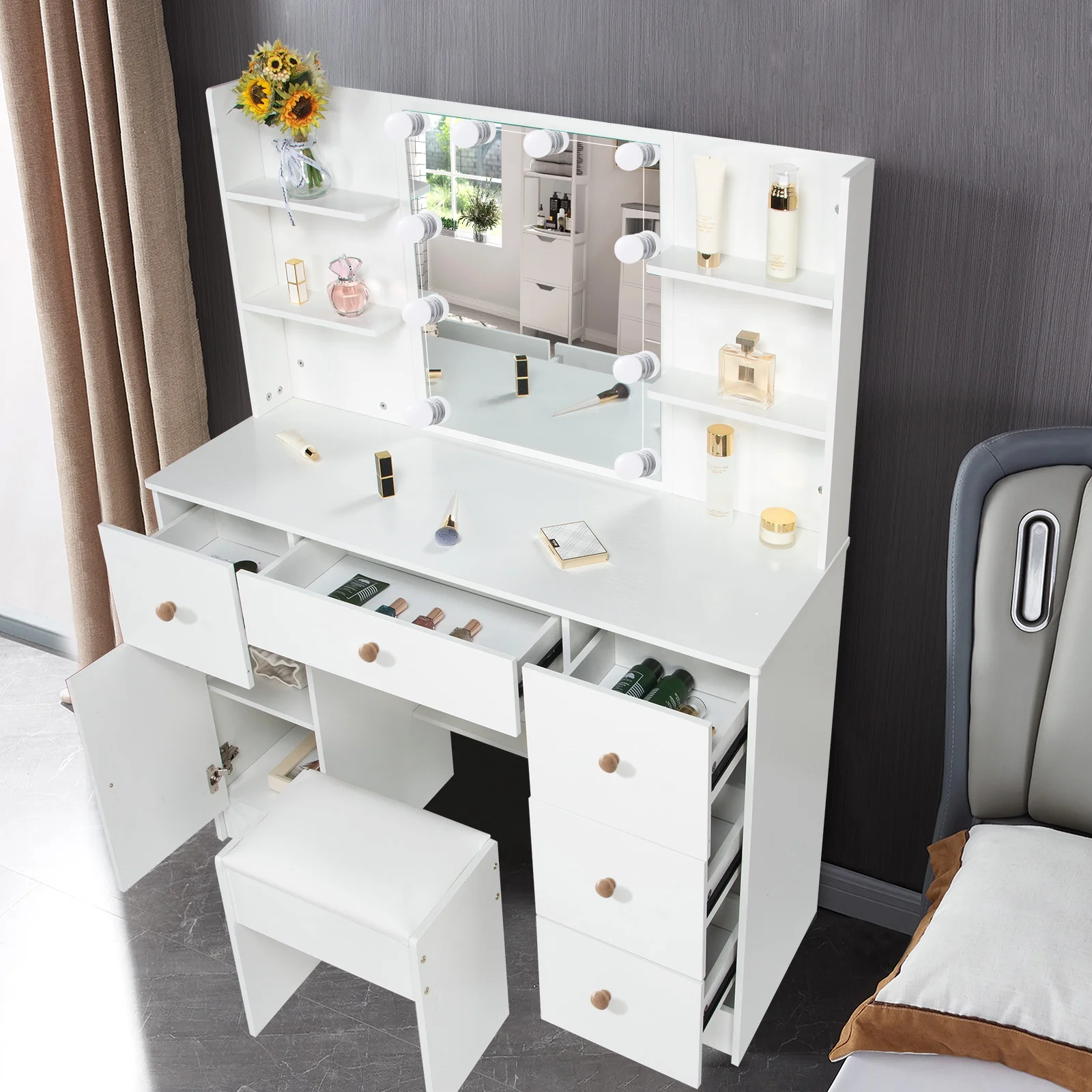 Yamissi Makeup Vanity with Cushioned Stool Vanity Set with Mirror and Lights for Bedroom Small Dresser, White