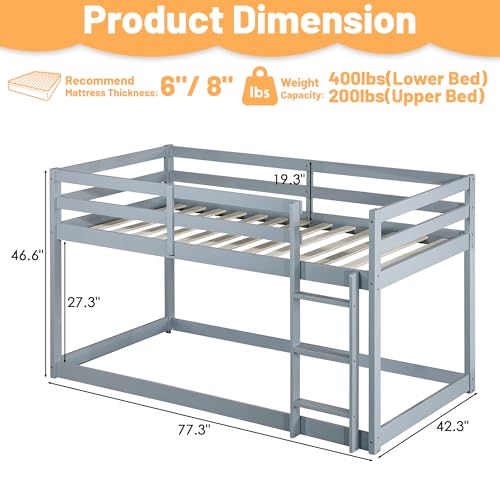 Bunk Bed Twin Over Twin, Wood Low Profile Floor Twin Bunk Beds with Ladder Guardrails for Kids Boys and Girls, No Box Spring Needed