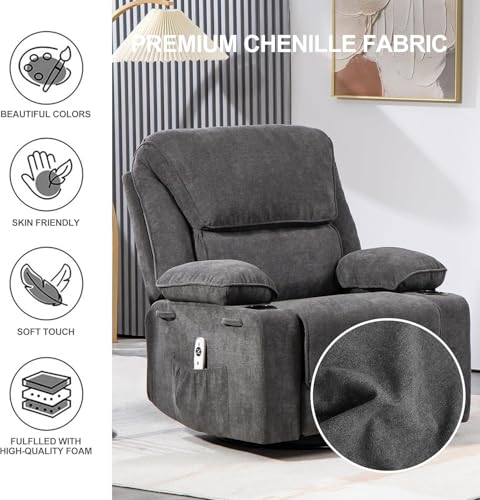 Rocker Recliner Chair with Massage and Heated, 360°Swivel Rocking Chairs with Cup Holders Remote Control for Living Room (Gray Oatmeal)