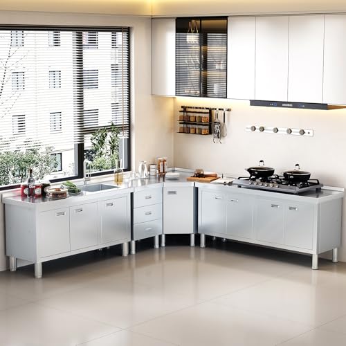 ZZV Freestanding Stainless Steel Sink with Cabinet Heavy Duty Utility Sink Commercial for Kitchen Restaurant Hotel Cafe and Outdoor