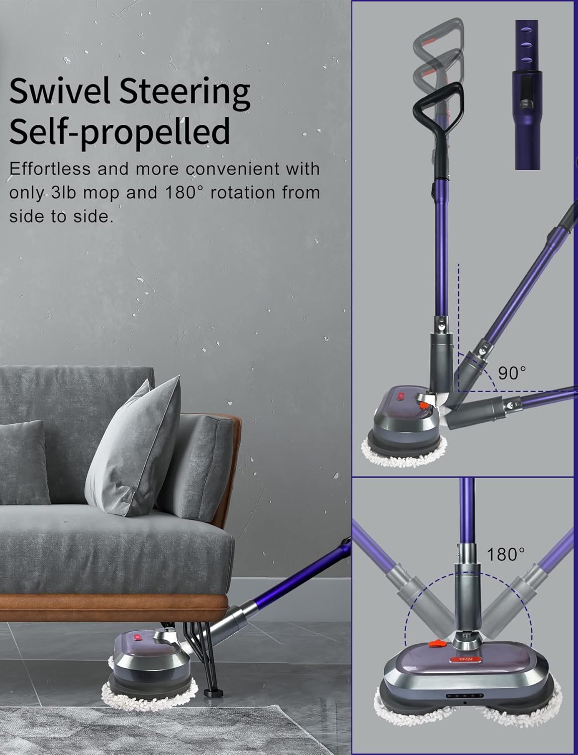 Electric Mop, Cordless Electric Mop, with Detachable Battery & 300ml Water Tank, Spin Mop with LED Headlight and Sprayer, for Hardwood, Tile