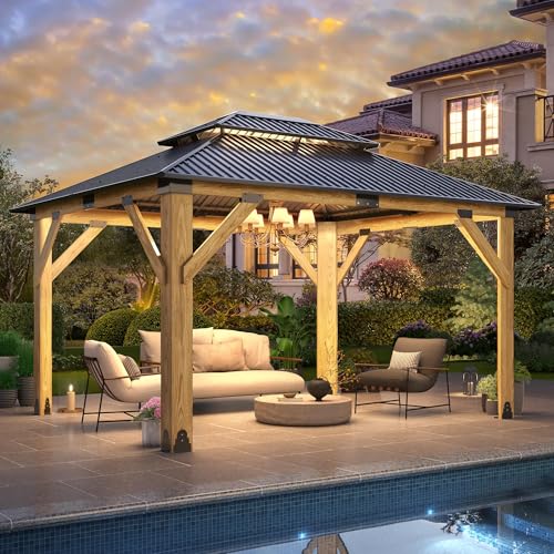 12'x12' Hardtop Gazebo, Outdoor Double Roof Galvanized Steel Gazebos, Aluminum Frame Permanent Pavilion with Curtains & Netting for Backyard, Patio