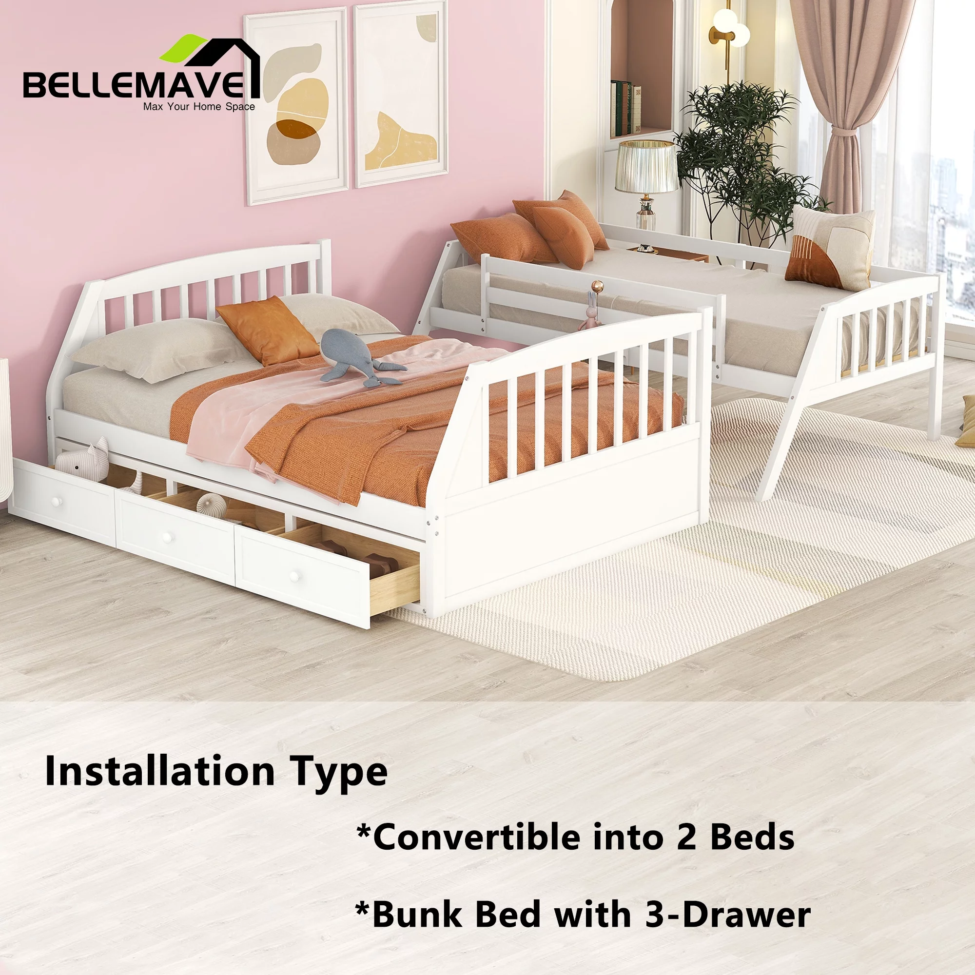 BELLEMAVE Twin over Full Bunk Bed with there drawer, bulid in ladder and storage stairs, Convertible into 2 beds