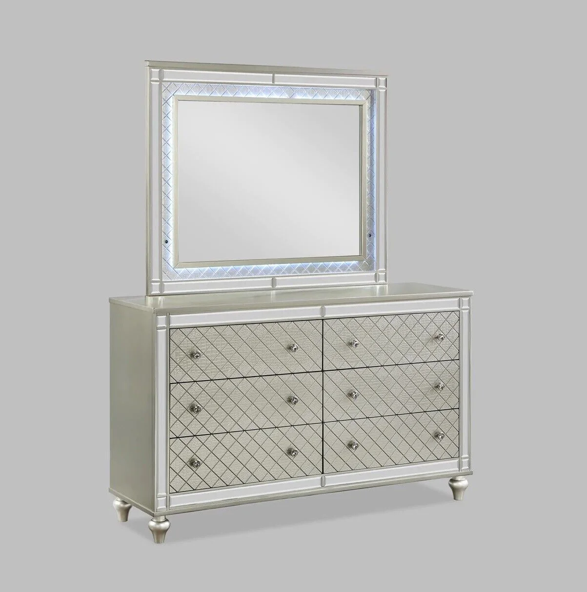 Modern Glam Style 5pc King Size Upholstery LED Bed Dresser Mirror Nightstand Wooden Master Bedroom Furniture Set