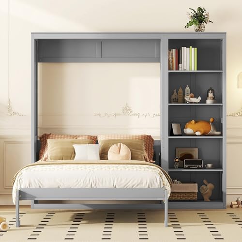 Harper & Bright Designs Full Size Murphy Bed Wall Bed with Storage Shelves, Drawers and LED Lights