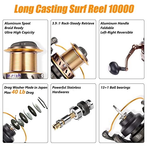 Dr.Fish Surf Fishing Rod and Reel Combos Saltwater Fishing Combo 12ft Surf Rod 10000 Surf Fishing Reel Offshore Inshore Surf Casting Fishing Pole