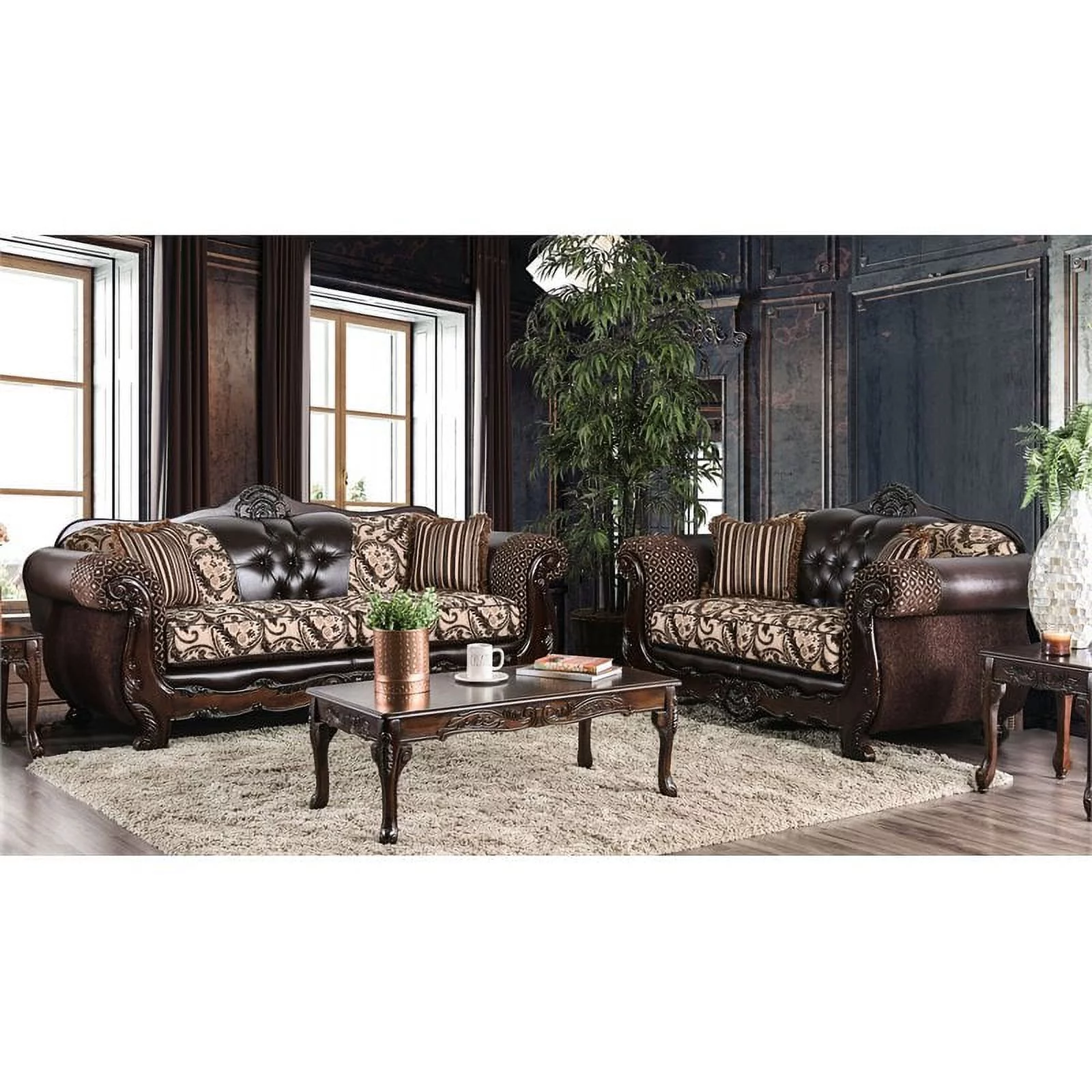 Bowery Hill Contemporary Faux Leather 2-Piece Sofa Set in Brown