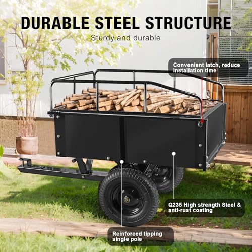 BIG RED Heavy Duty ATV Trailer Steel Dump Cart: Yard Garden Trailer for Lawn Mower, Tractor, Garden Waste - 450lbs, 10 cu.ft Capacity