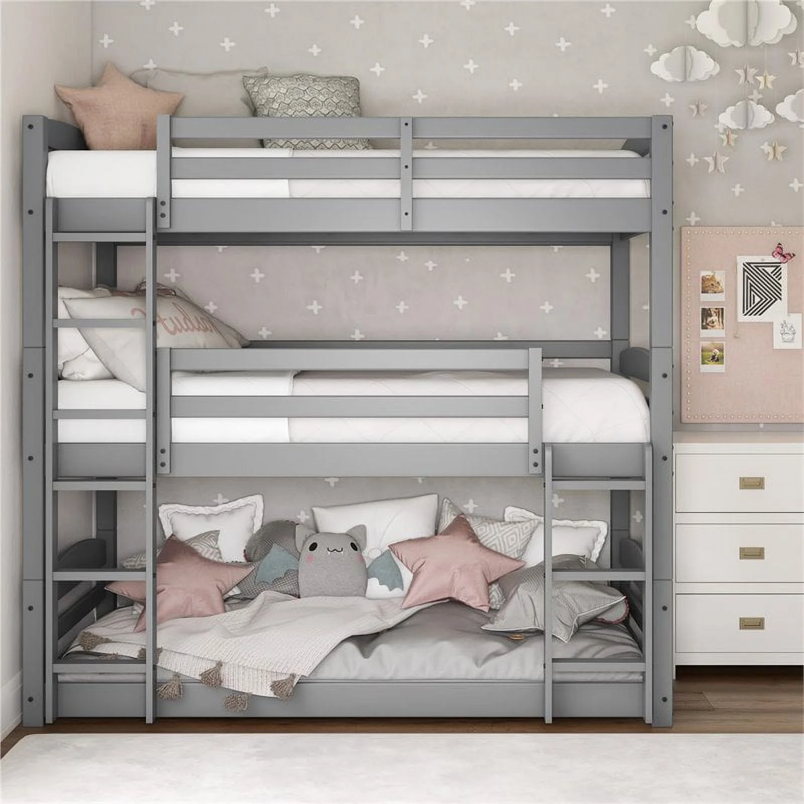 Dorel Living Sierra Traditional Triple Floor Wood Bunk Bed in Gray