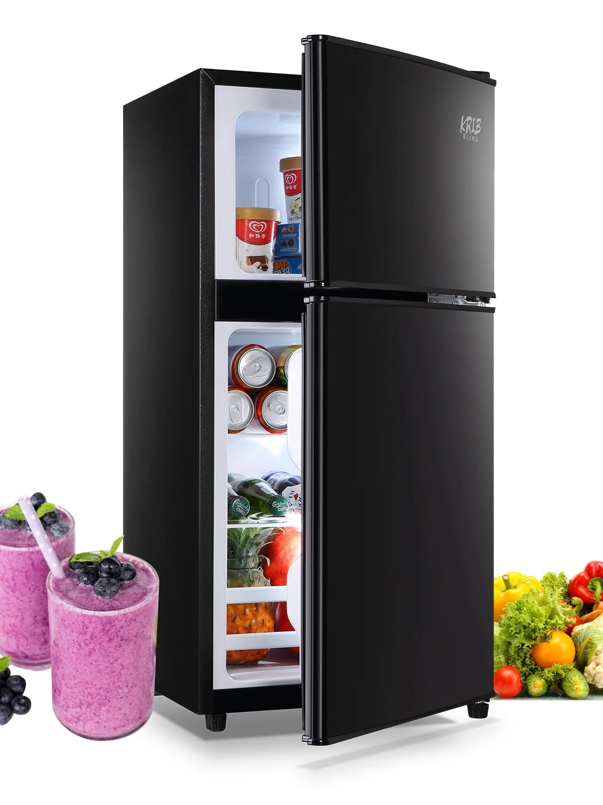 KRIB BLING 3.5 Cu.ft Mini Fridge with 7 Level Thermostat, Compact Refrigerator with Freezer on Top, Ideal for Dorm, Office, Black