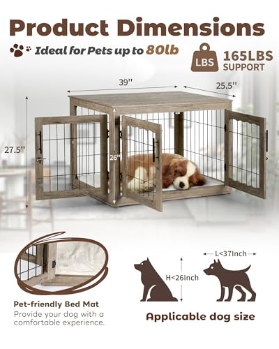 Dog Crate Furniture, 32 inch Medium Dog Crates with Bed Mat, Wooden Dog Kennel Furniture, End Side Table Dog Cage with 3 Doors, Greige