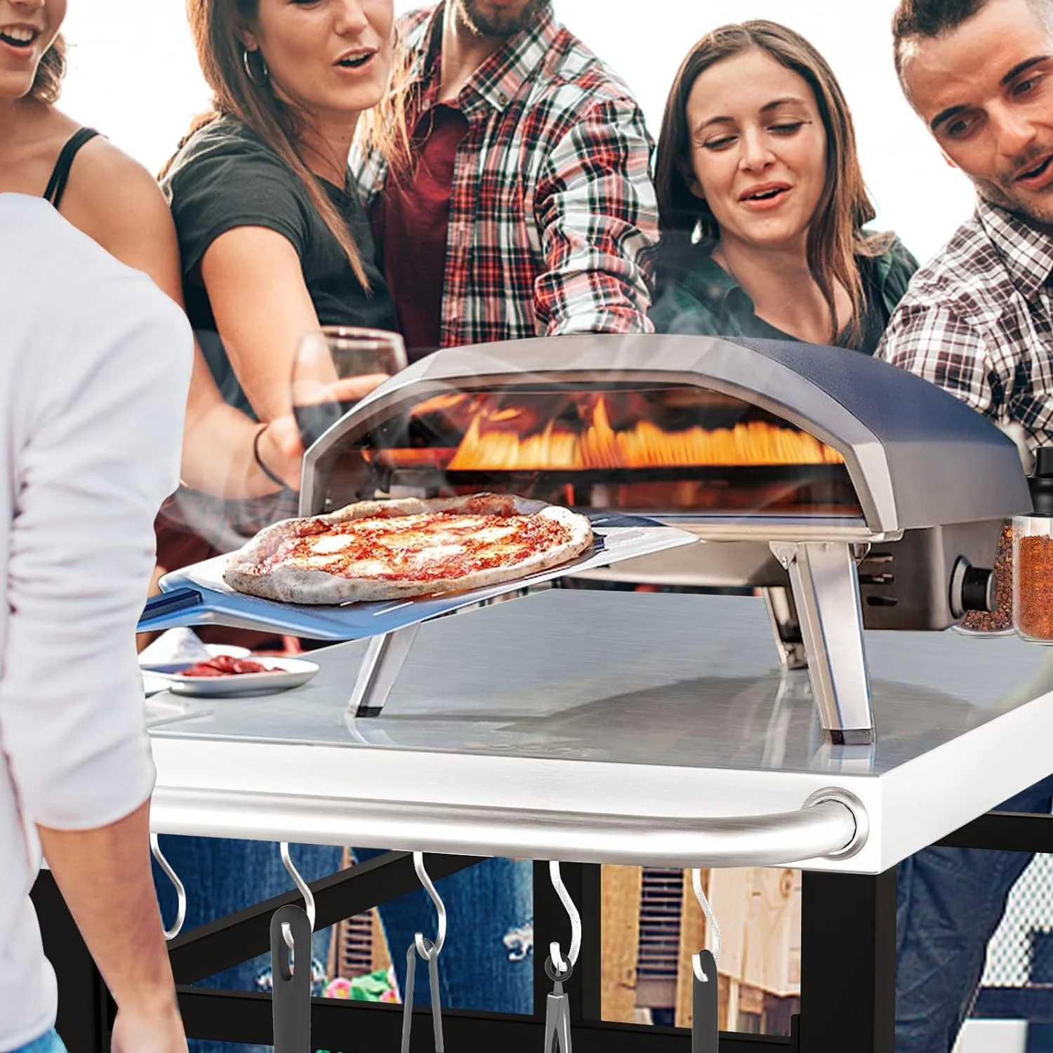 GRILL FORCE Outdoor Grill Cart Table,Movable Dining Cart Table, Pizza Oven Table Stand,Food Prep and Work Table Cart,BBQ Grill Carts with Wheels