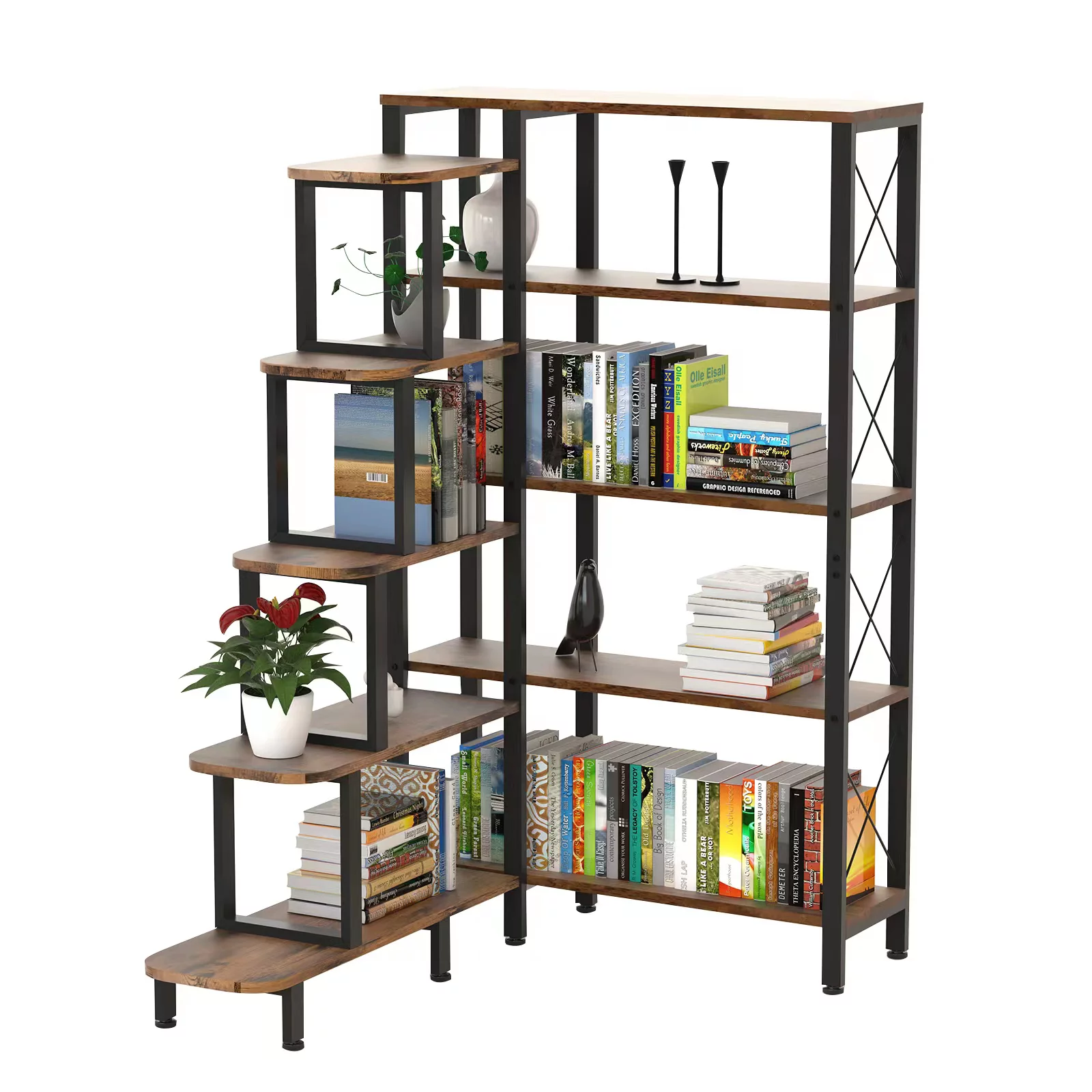 Corner Bookshelf Bookcase, Large Reversible 5 Tier Ladder Shelves Storage Display Rack with Metal Frame