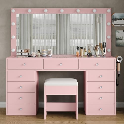 Vanity Desk & Power Outl, Makeup Vanity with Mirror and 12 LED Lights, Makeup Table with 11 Drawers, Vanity Table with Chair