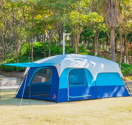 KTT Extra Large Tent 10-12-14 Person(B),Family Cabin Tents,2 Rooms,3 Doors and 3 Windows with Mesh,Straight Wall,Waterproof,Double Layer