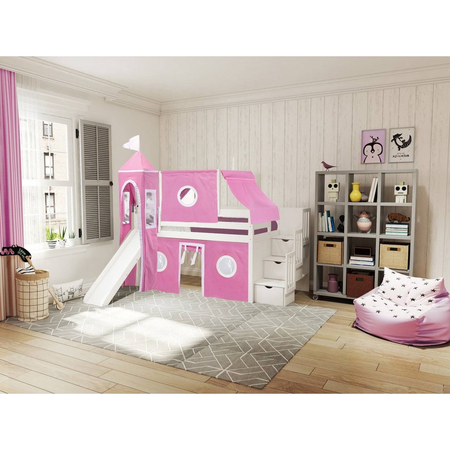 Jackpot! Princess Low Loft Twin Stairway Bed with Slide Pink Camo Tent and Tower, Blue