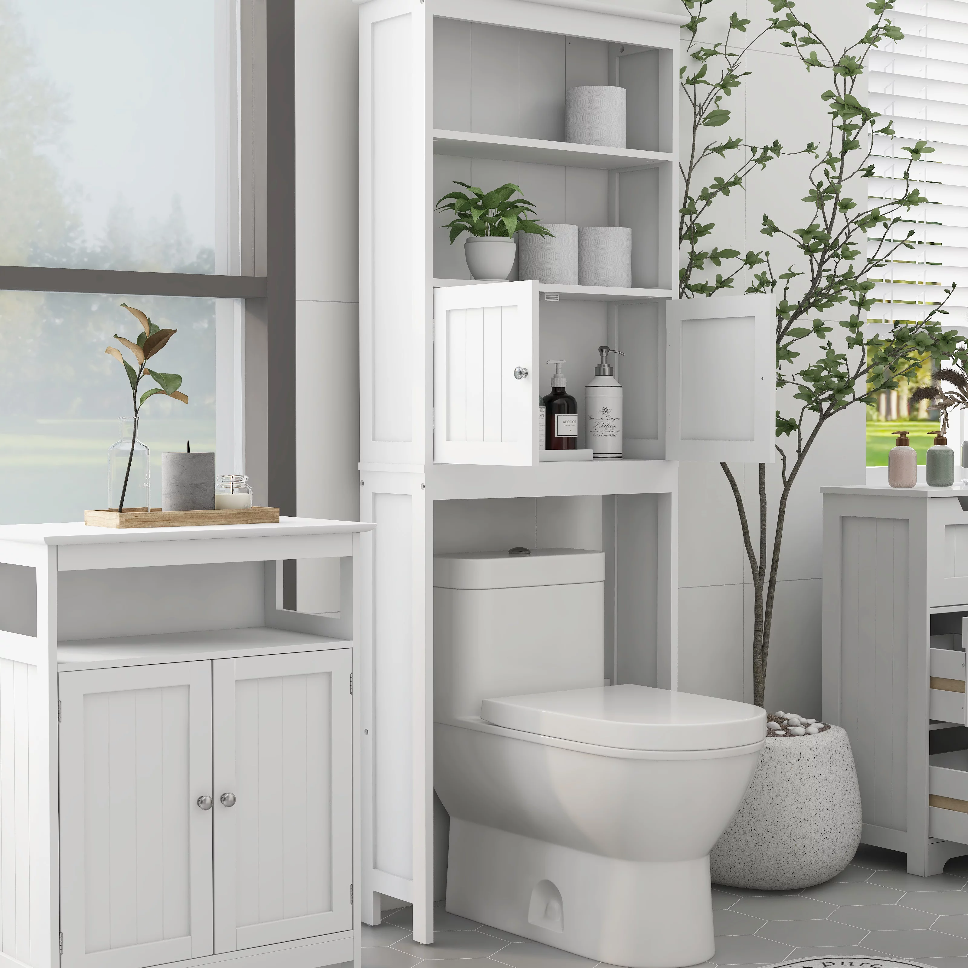 Over The Toilet Rack 2 -Tier Toilet Bathroom Spacesaver Storage Shelf with 2 Doors Wood Storage Organizer Cabinet for Bathroom Freestanding