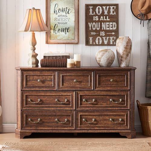 T4TREAM Farmhouse 5 Drawers Dresser for Bedroom, 48" Tall Wood Rustic Chest of Drawers with Natural Texture, Vintage Design