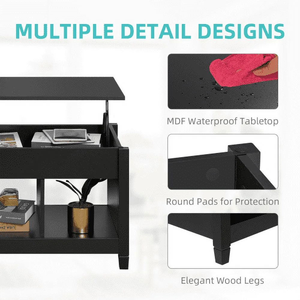 MYDENIMSKY Lift Top Coffee Table, Rising Dining Table Hidden Storage Compartment &3 Open Shelves,Coffee Table Lift Top for Reception & Living Room