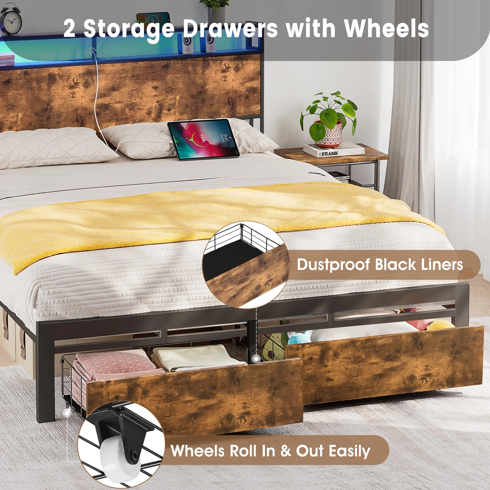 Full Size Bed Frame with Storage Headboard Charging Station USB Outlet