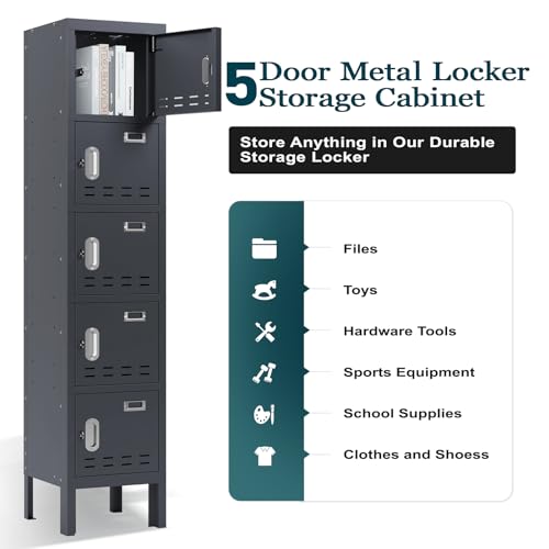 Metal Locker with 5 Doors,Lockers for Employees,66'' Steel Storage Locker for School,Gym, Office, Office,Garage