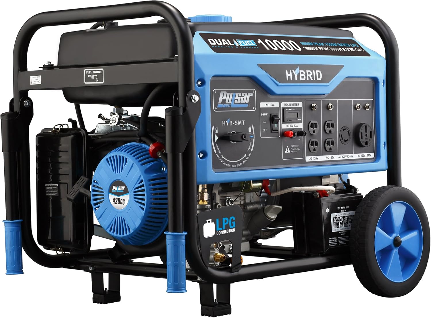 Pulsar PG10000B16 Portable Dual Fuel Generator-8000 Rated 10000 Peak Watts-Gas & LPG Electric Start-Switch-&-Go Build in, RV Ready-CARB Compliant, 10