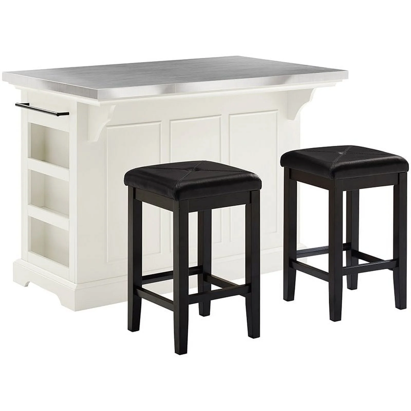 Pemberly Row Stainless Steel Top Kitchen Island with Square Stools in White