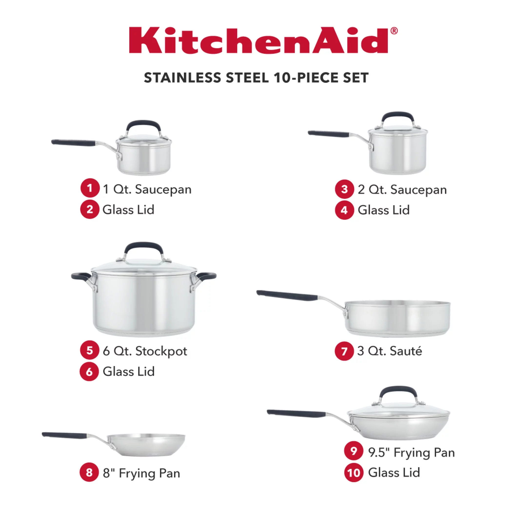 KitchenAid 10 Pieces Brushed Stainless Steel Cookware Set
