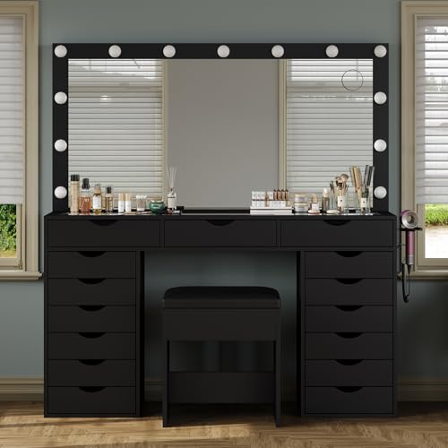 Vanity Desk with Mirror and Lights, Makeup Table with Charging Station, 3 Color Lighting Modes, 15 Drawers Dressing Table