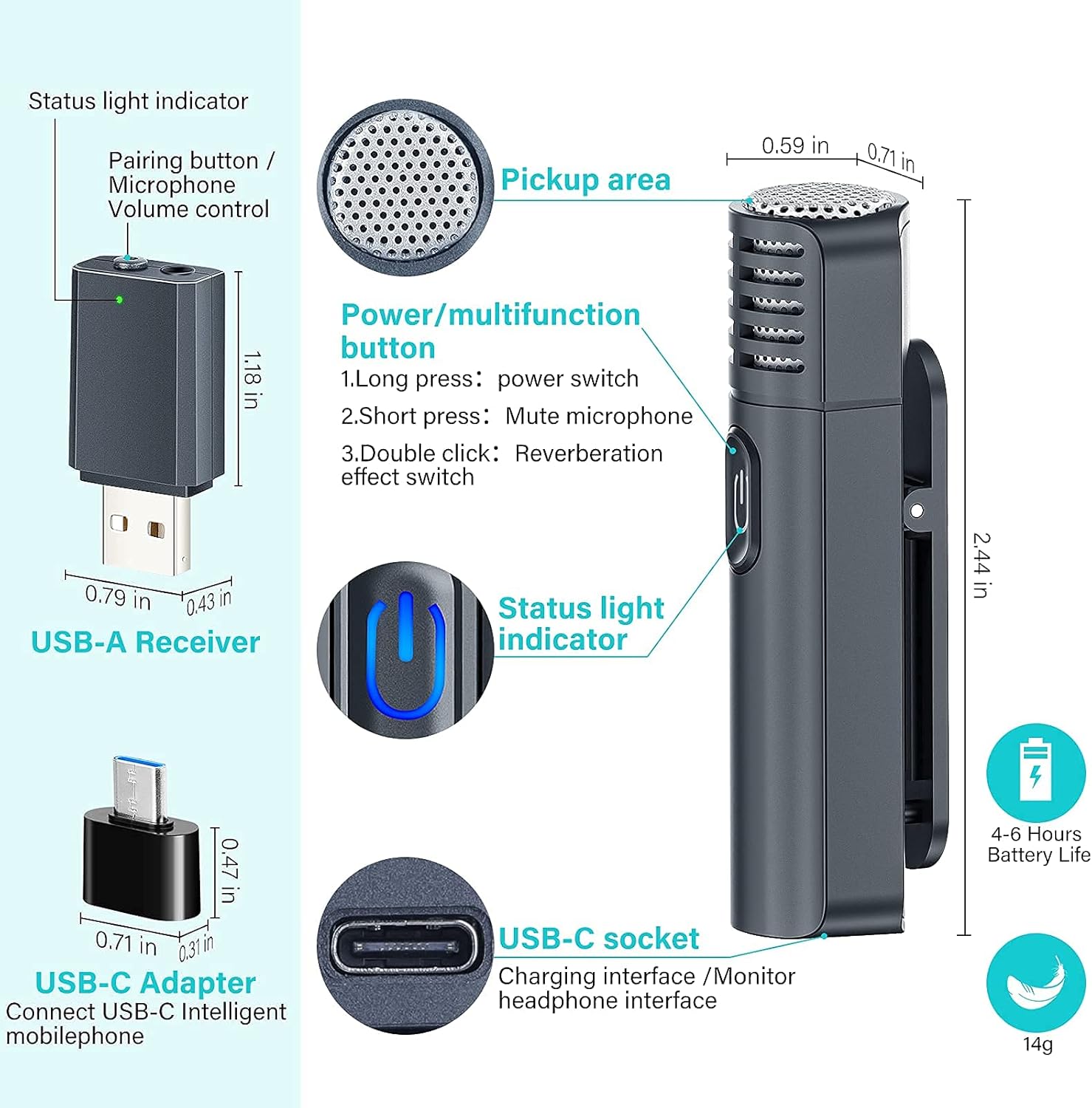 Wireless Lavalier Microphone,48KHz USB Wireless Noise Reduction Mic Lapel Clip-on Mic for Computer Android, Laptop Speaker, Podcasting, Vlog, TikTok