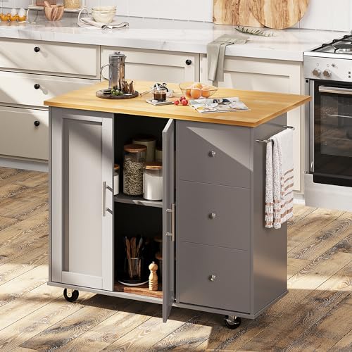 Shintenchi Rolling Kitchen Island Cart with Folding Drop Leaf Breakfast Bar, Portable Trolley Island with Large Storage Cabinet, Shelf and Drawer