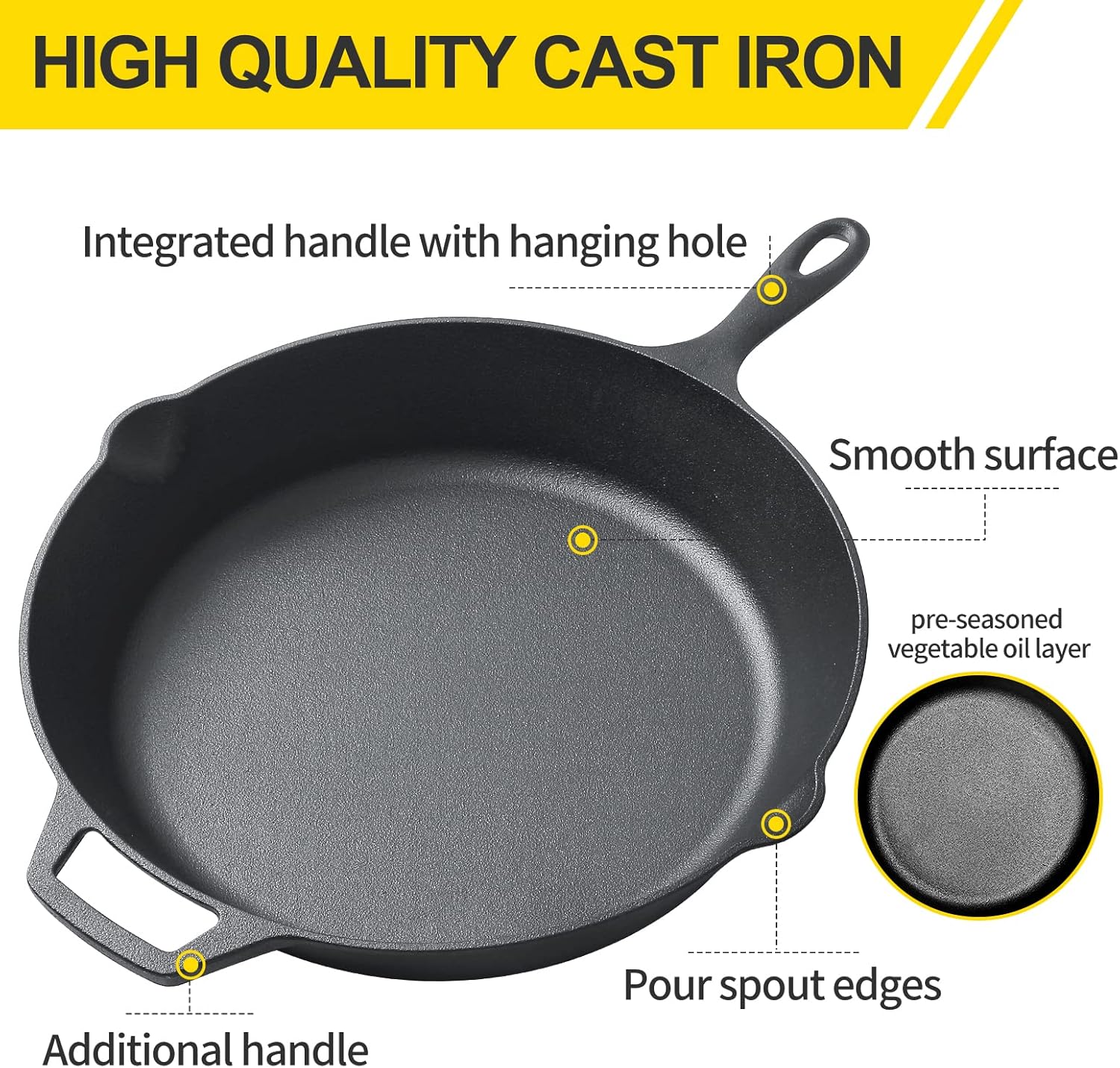 Pre-Seasoned Cast Iron Skillet ,Seasoned Large 15 Dual Handle Frying Pan, Cast Iron Pan for Bread, Baking,Pizza, Indoor / Outdoor Cooking, Camping