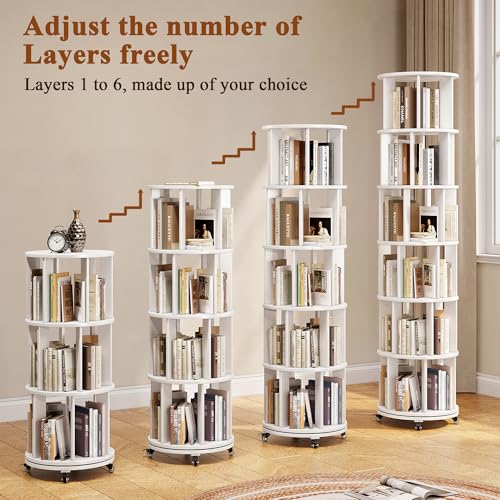 6 Tier Rotating Bookshelf Tower Spinning Bookshelf with Swivel Wheels Book Shelf Rotating Storage Tower for Kids Adult Narrow Walnut Solid Wood