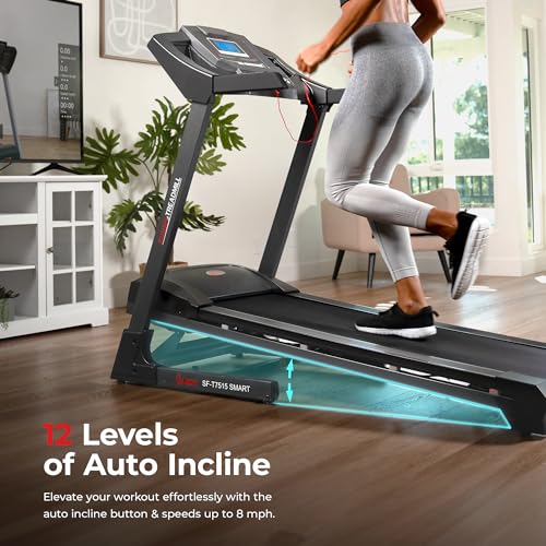 Sunny Health & Fitness Premium Smart Treadmill with Auto Incline, Dedicated Speed Buttons, Double Deck Technology, Digital Performance Display