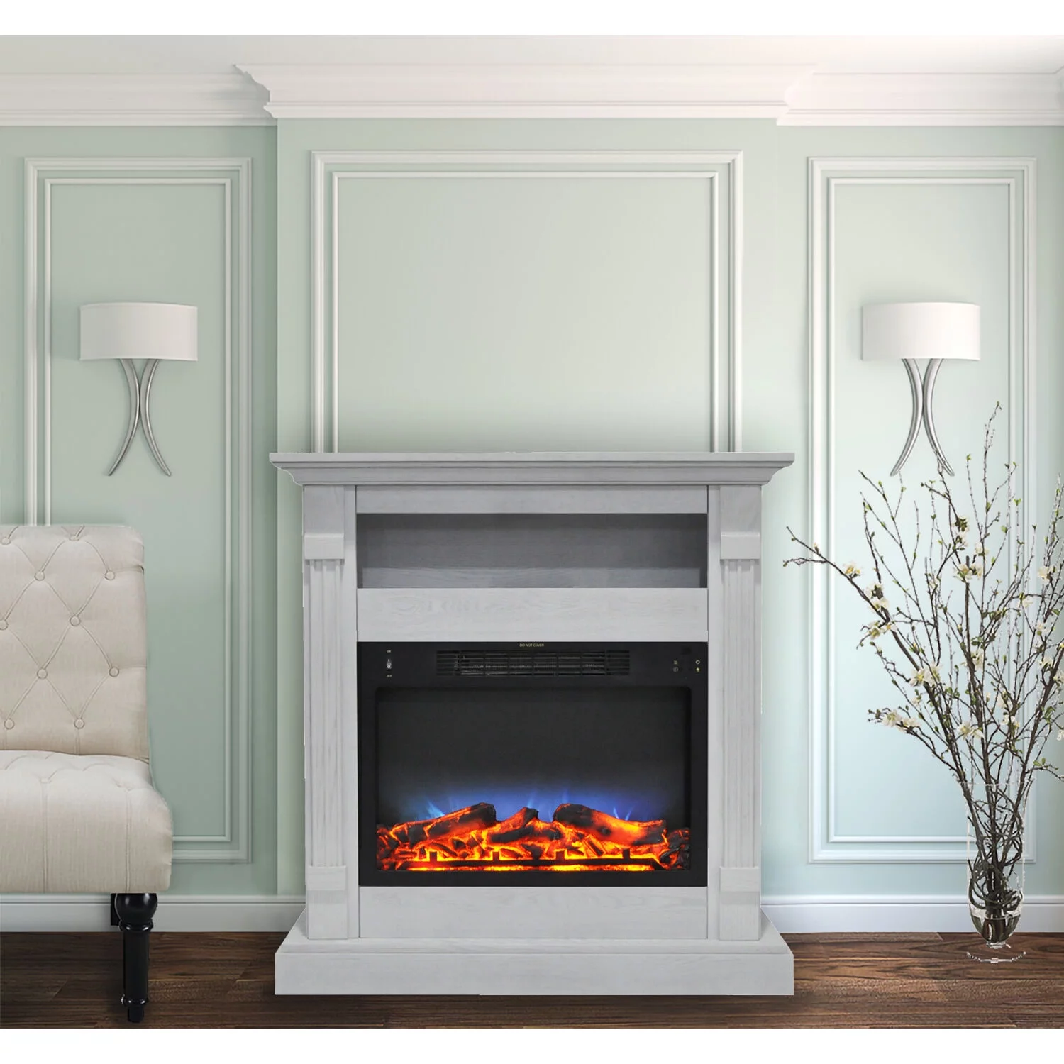 Cambridge Sienna 34" Freestanding White Mantel Electric Fireplace Heater with Realistic Multi-Color LED Flames & Log Insert | Heater For Rooms up to