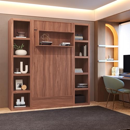 Oakland Living Easy-Lift Queen Murphy Wall Bed in Brown Wood Grain with Two Bookshelves