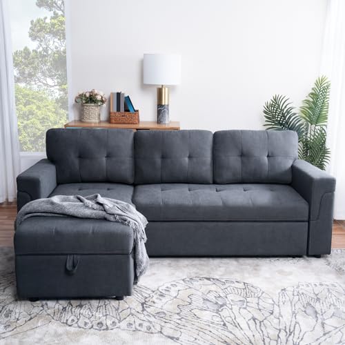 Naomi Home Reversible Sleeper Sectional Sofa Storage Chaise Velvet/Dark Gray
