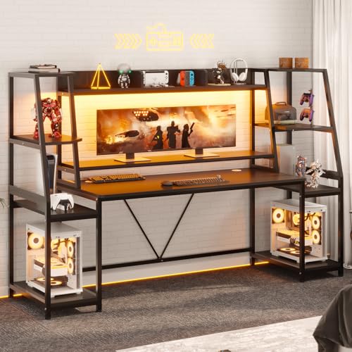 SEDETA Gaming Desk 78.8'' with LED Lights, Hutch and Storage Shelves, Computer Desk with Monitor Stand, Large PC Gamer Desk Workstation
