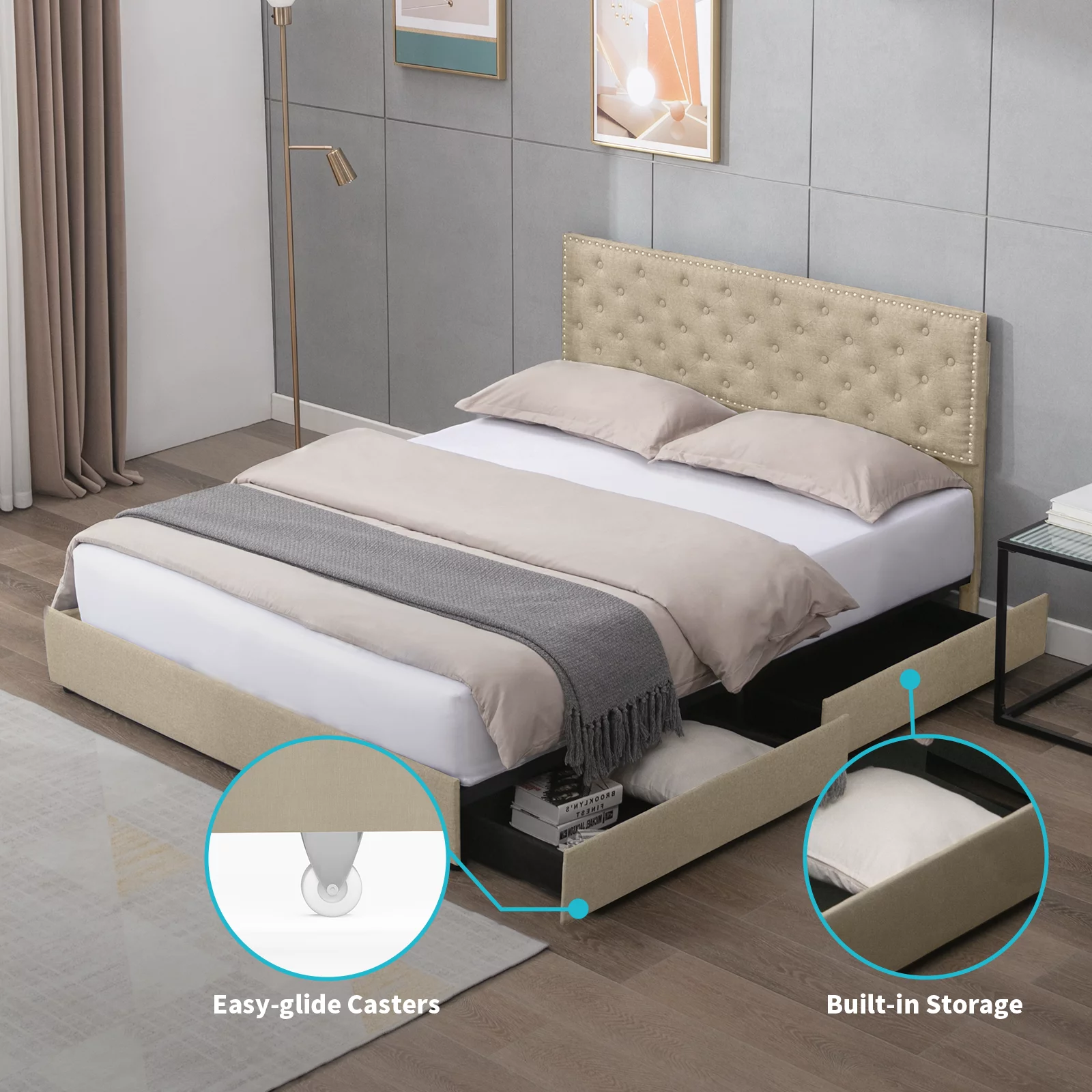 MUZZ Platform Bed Frame with 4 Large Storage Drawers, King Size Bed Frame with Adjustable Tufted Headboard, No Box Spring Needed, Wood Slats Support
