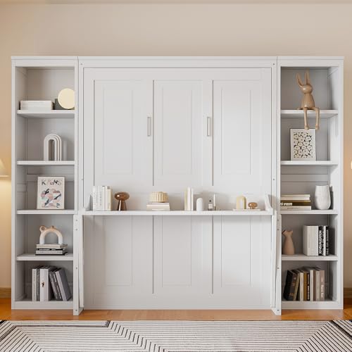 White Murphy Wall Bed Queen Size with Desk & Bookcase,Space-Saving Design,No Box Spring Needed