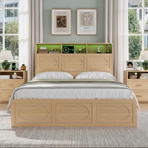 Queen Bed Frame with 47" Storage Headboard, Queen Size Wood Bed Frame with 4 Storage Drawers, Built-in Charging Station & LED, Solid Wood Slats