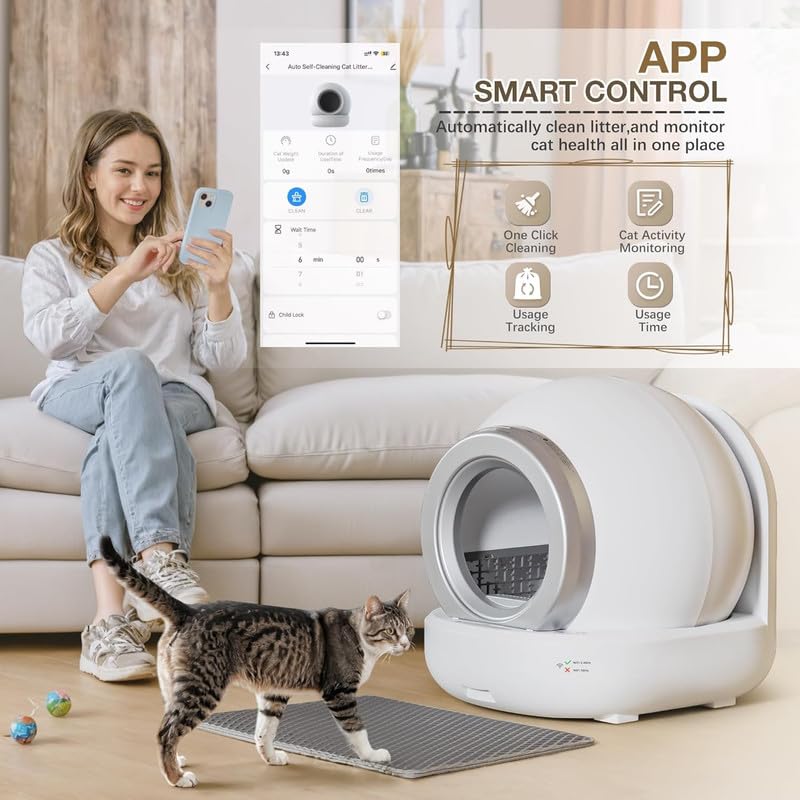 Greesum Self Cleaning Automatic Cat Litter Box, Litter Robot for Multiple Cats, Safe/APP Control/Low Noise Litter Box with Mat and 2 Roll Garbage Bags