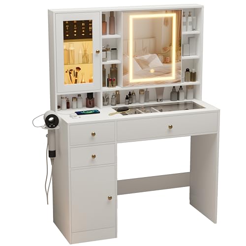 Makeup Vanity Desk with Mirror and Lights, White Vanity with Glass Top, LED Lights & Power Outlet, 3 Drawers & 2 RGB Glass Cabinets