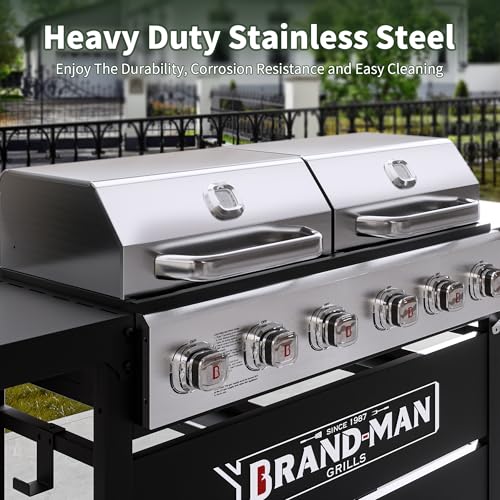 Brand-Man Griddle Grill Combo 6-Burner, 2 in 1 Versatile Propane Gas Grill and Griddle with Double Stainless Steel Lids