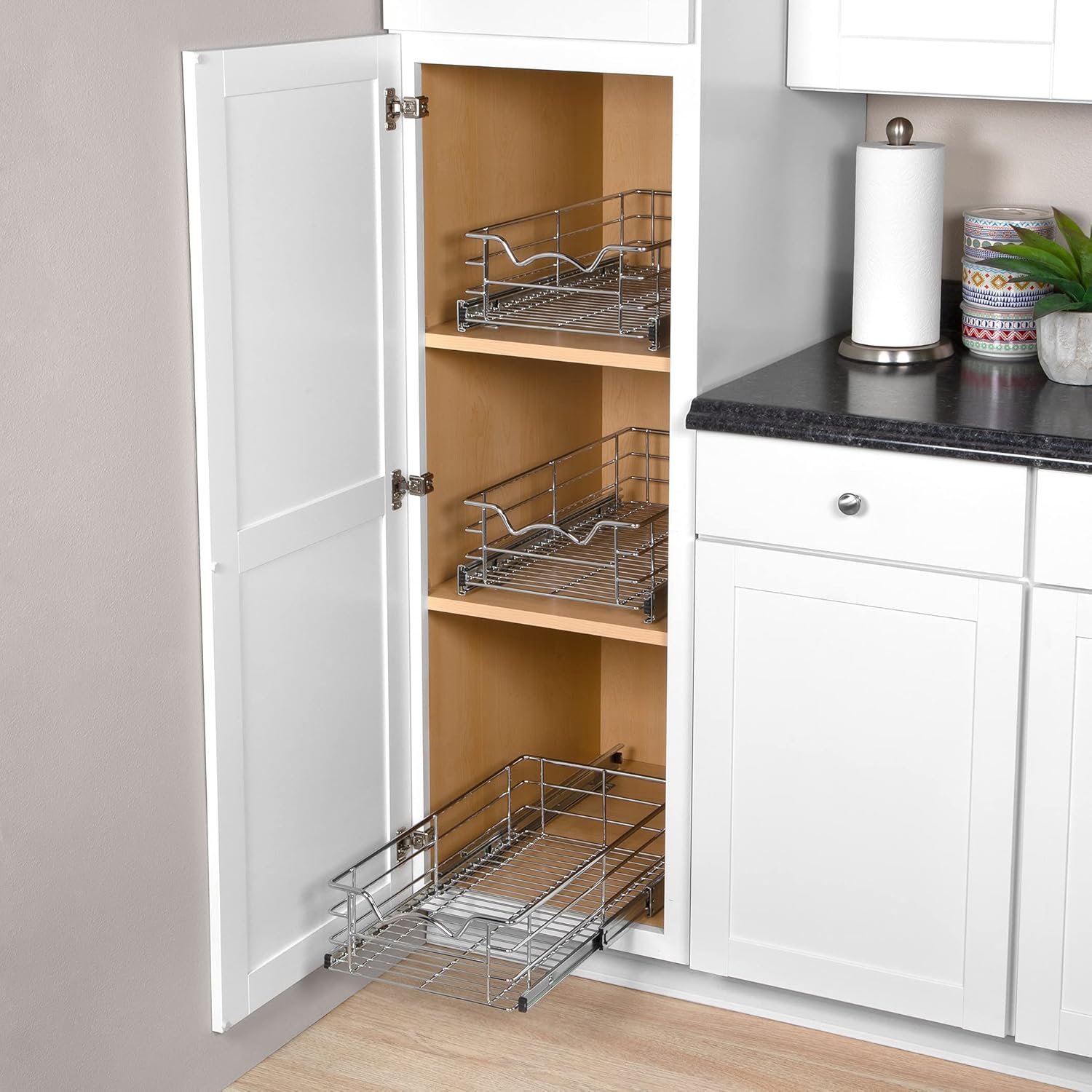 Heavy Duty Pantry Pull Out Cabinet Organizer Basket 5” High –5 Year Limited Warranty- Slide Out Drawer Shelf for Pots, Pans, Cans, jars, Canisters