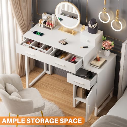 Vanity Desk with 4 Storage Drawers - Modern Makeup Vanity Table with Charging Station
