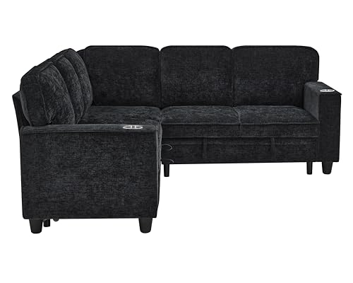 L-Shaped Pull Out Sleep Sofabed,Modern Reversible Sleeper Sectional Sofa Chenille Upholstered Button Tufted Decor with Storage Chaise
