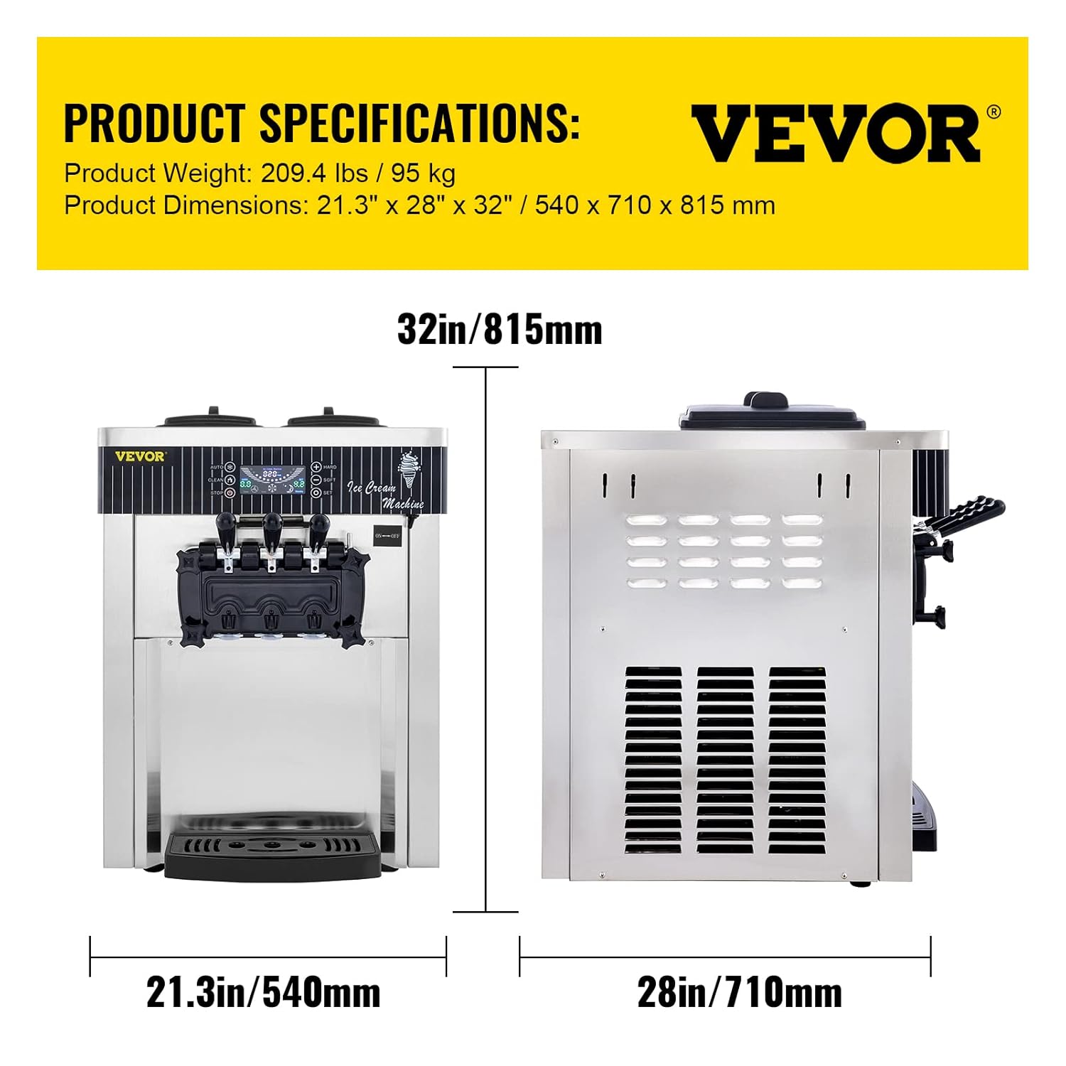 VEVOR Commercial Ice Cream Machine 5.3 to 7.4Gal per Hour Soft Serve with LED Display Auto Clean 3 Flavors Perfect for Restaurants Snack Bar, 2200W